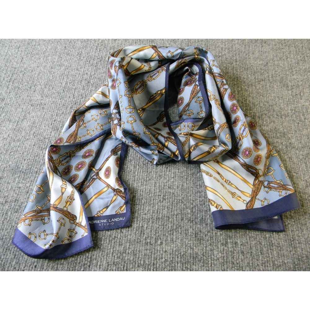 Adrienne Landau Studio 100% Silk Equestrian Scarf Blue Gold Horse Bit 11x52